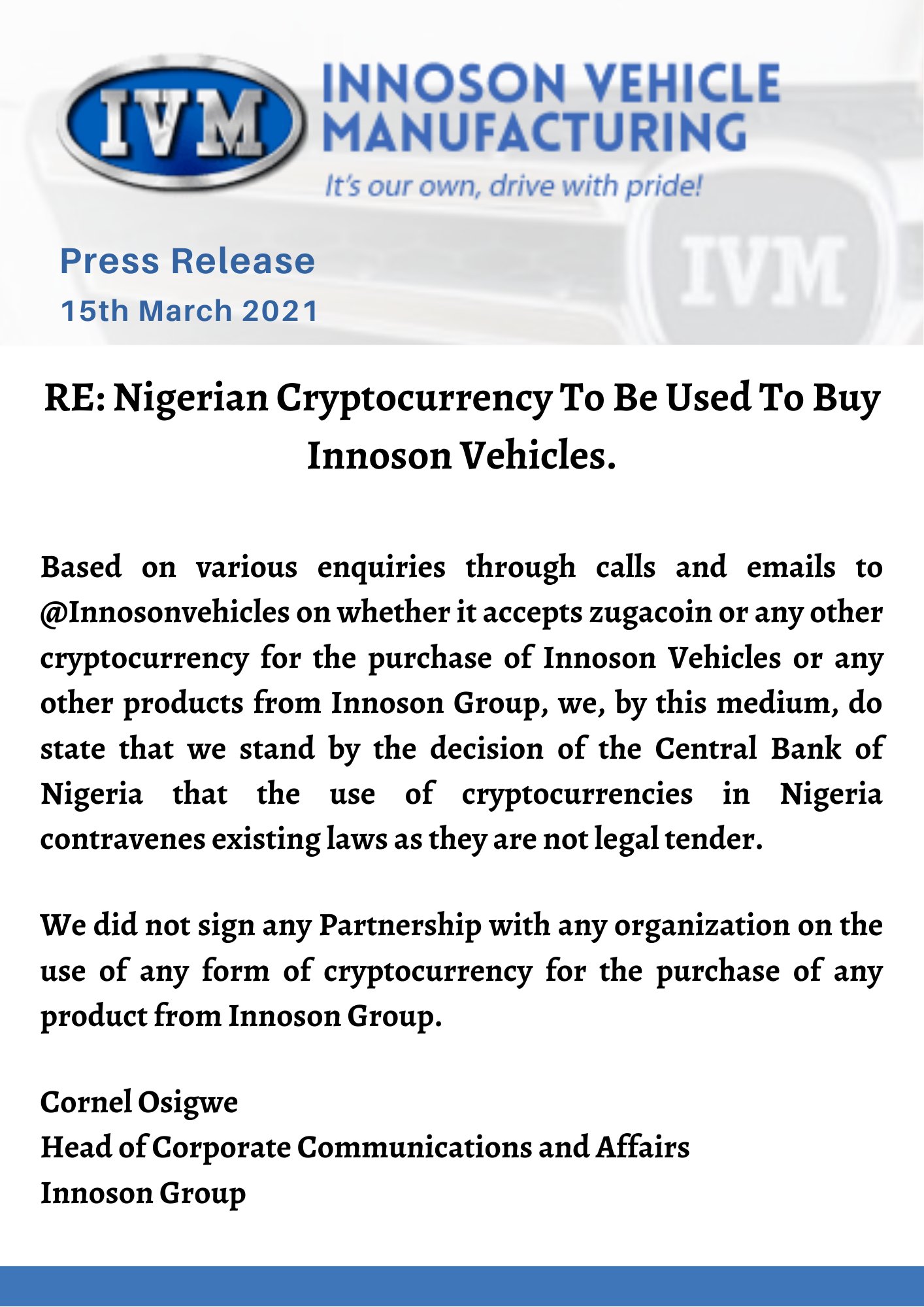 Innoson Motor Denies Partnership With cryptocurrency ...